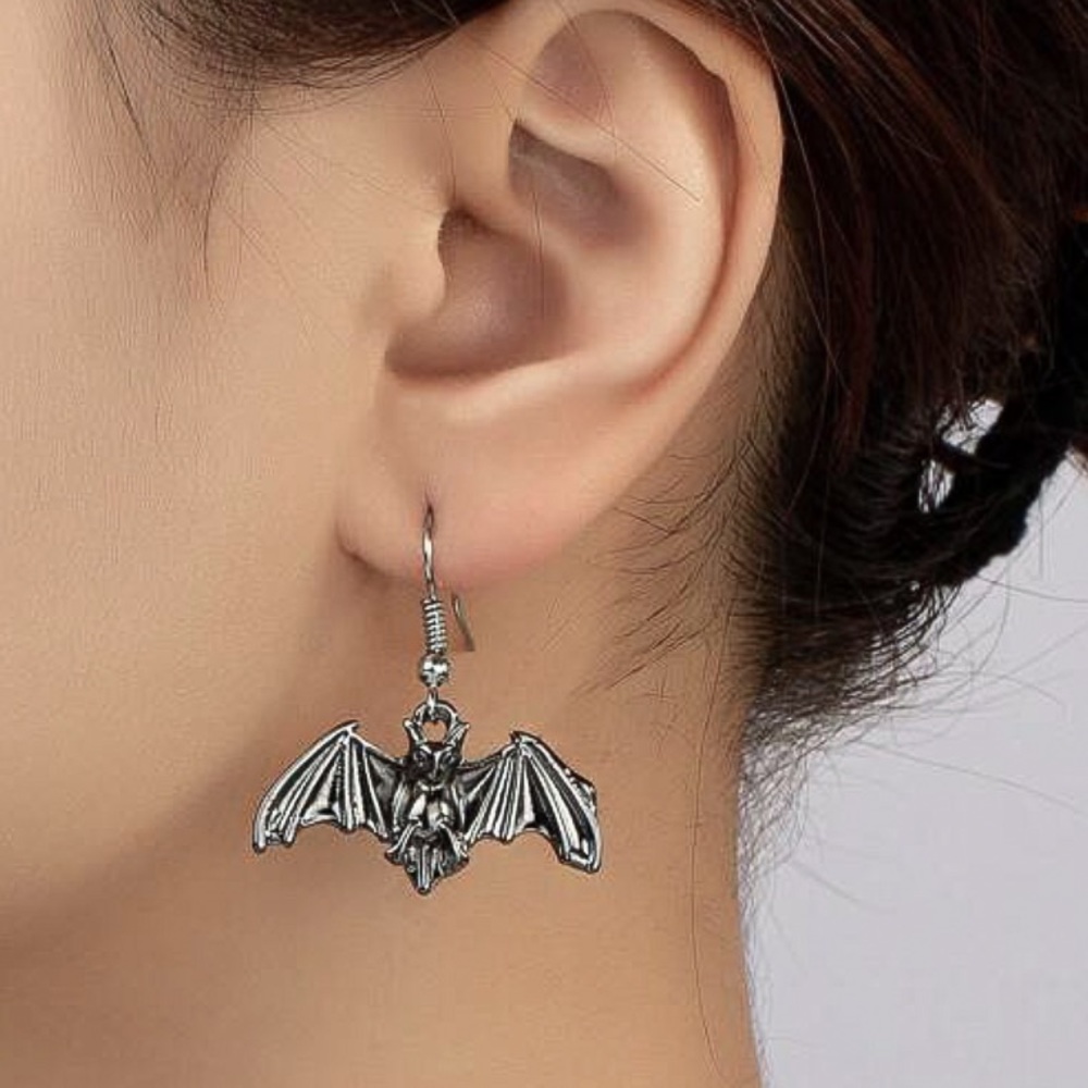 Gunmetal Flying Bat Goth Drop Earrings